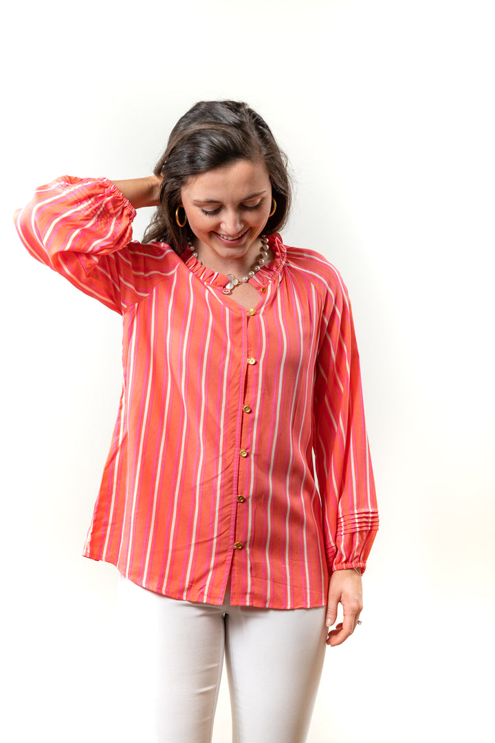 The Clayton Button Front Striped Blouse in Coral — view 2