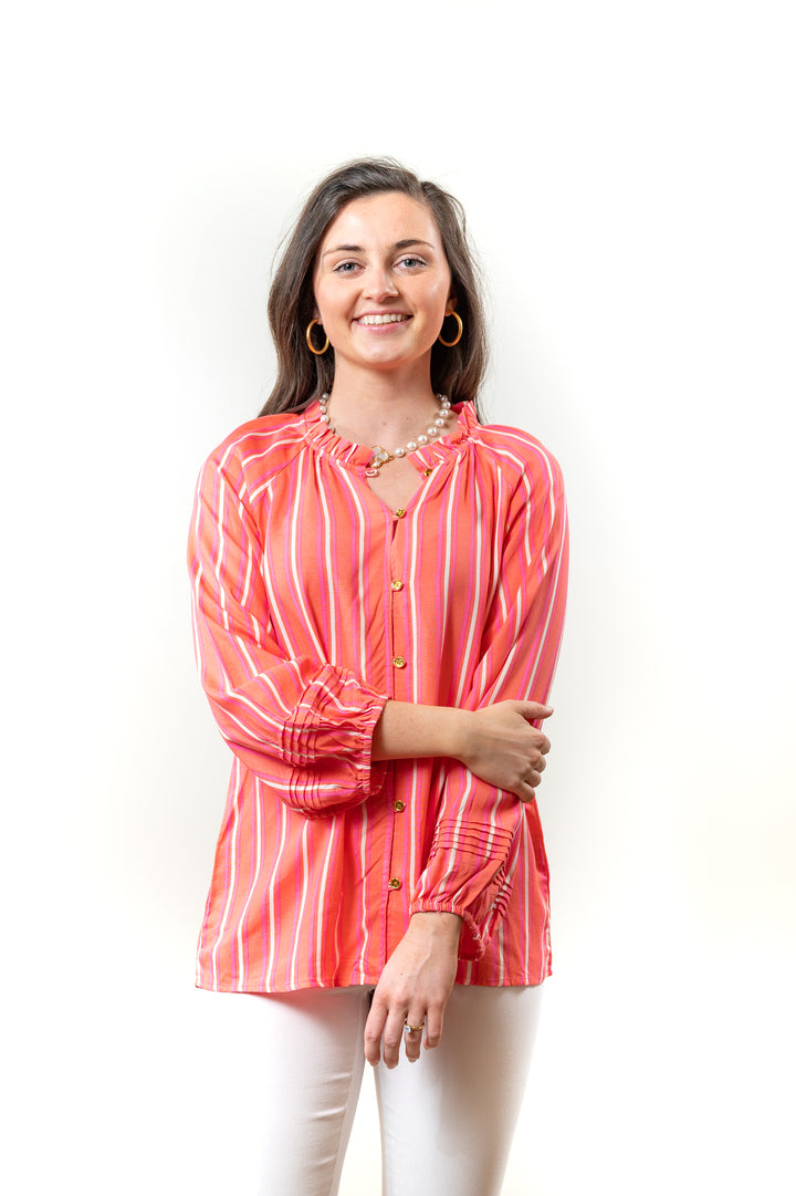 The Clayton Button Front Striped Blouse in Coral — view 3