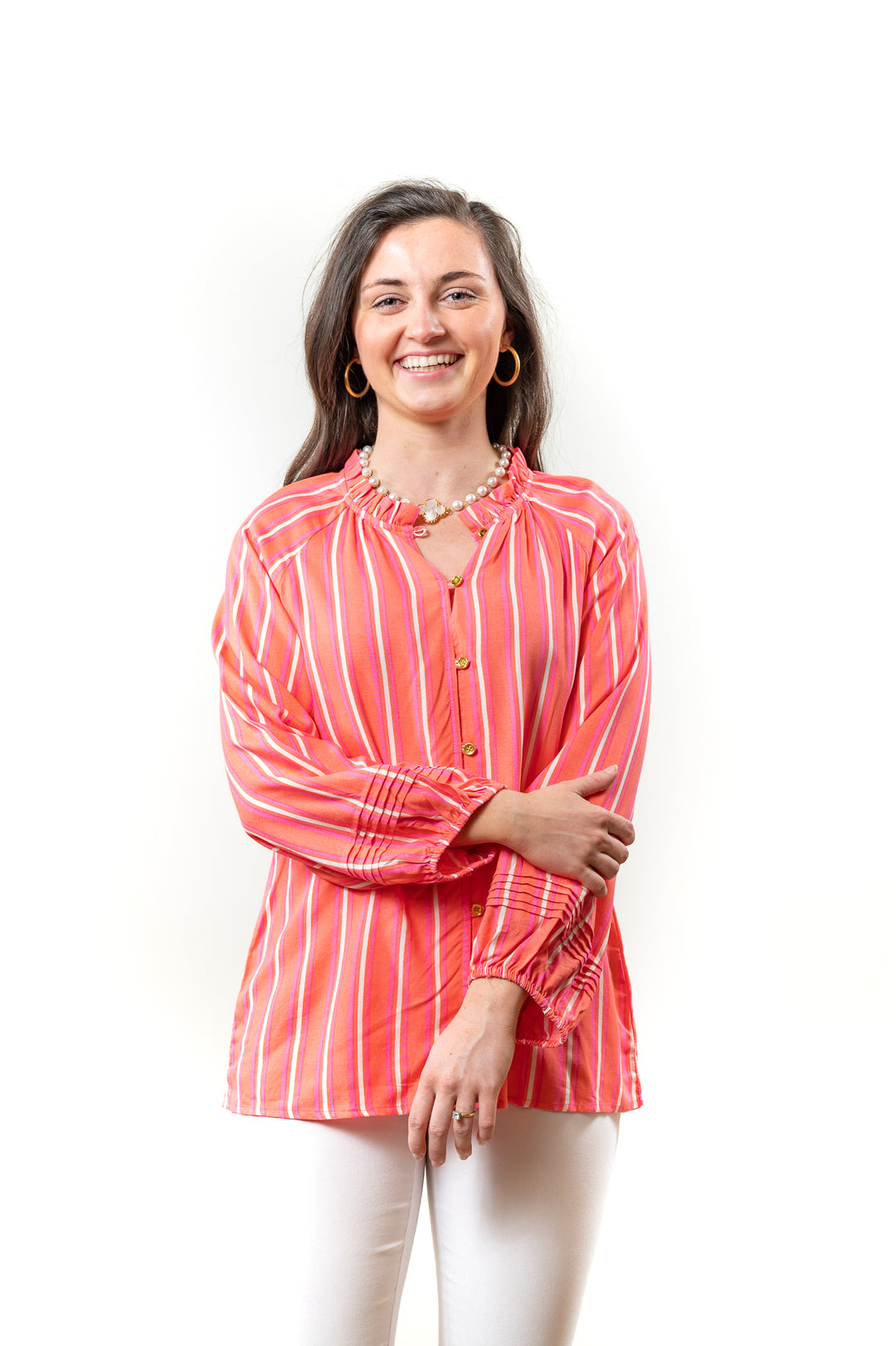 The Clayton Button Front Striped Blouse in Coral — view 4