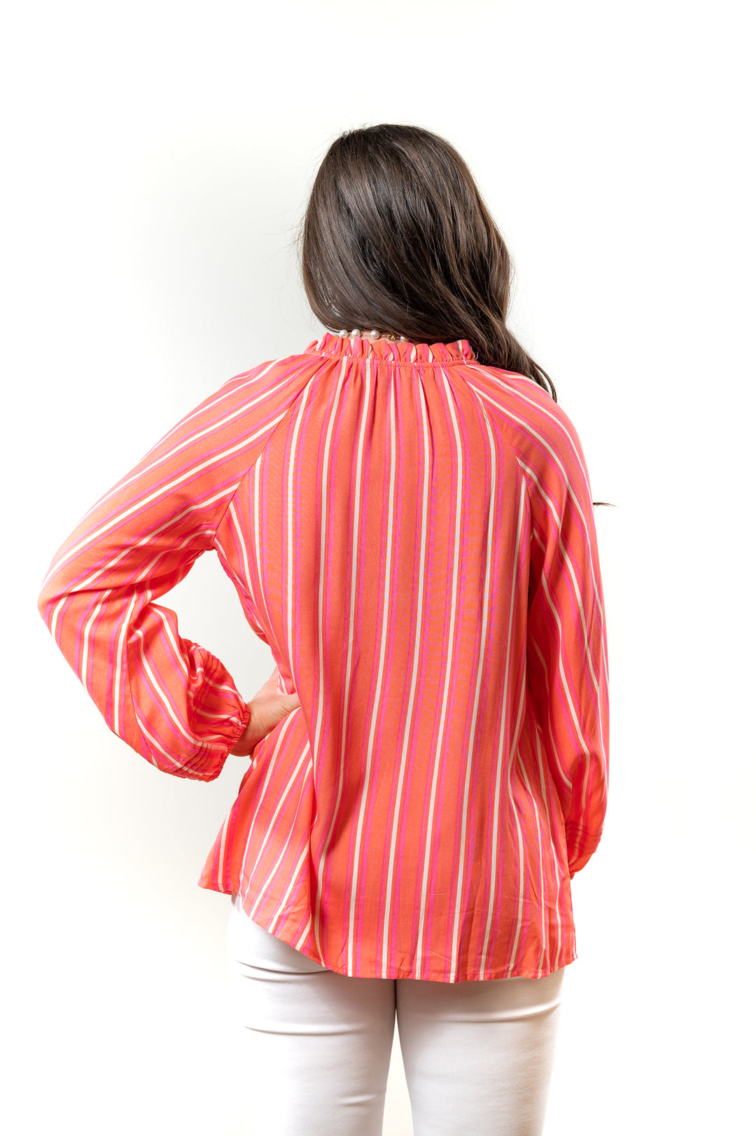 The Clayton Button Front Striped Blouse in Coral — view 5
