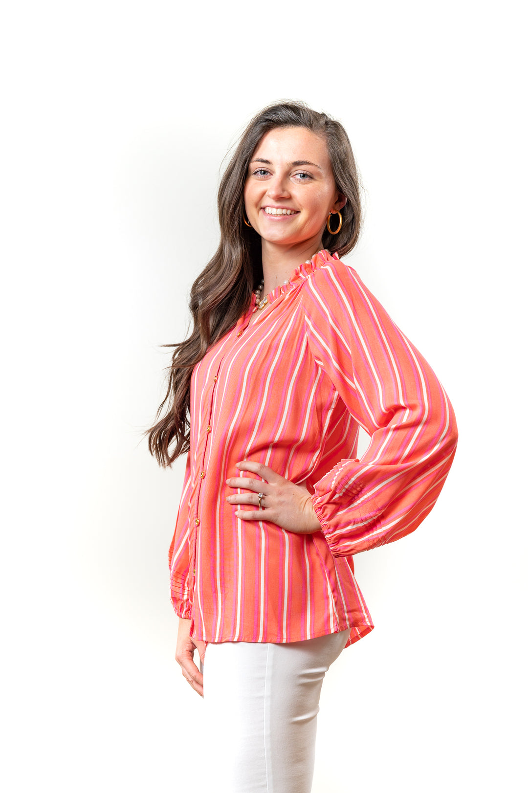 The Clayton Button Front Striped Blouse in Coral — view 6