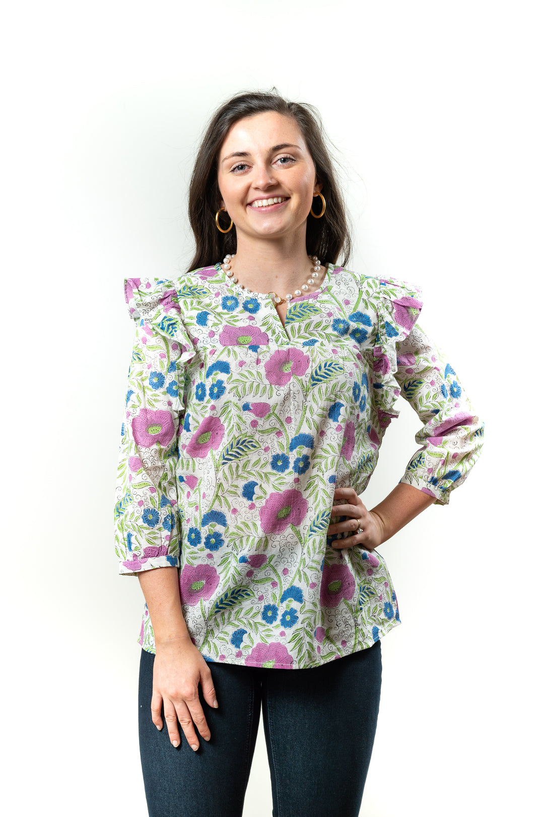The Whitley Flutter Sleeve Top in Floral Hand Block Print