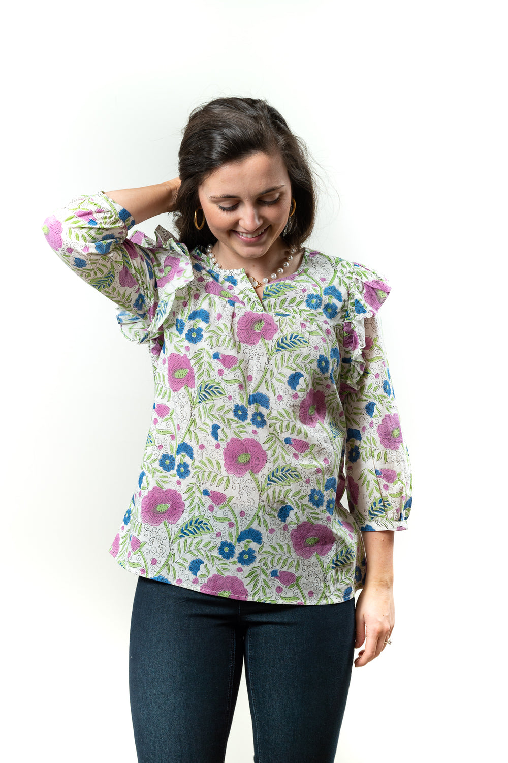 The Whitley Flutter Sleeve Top in Floral Hand Block Print — view 2