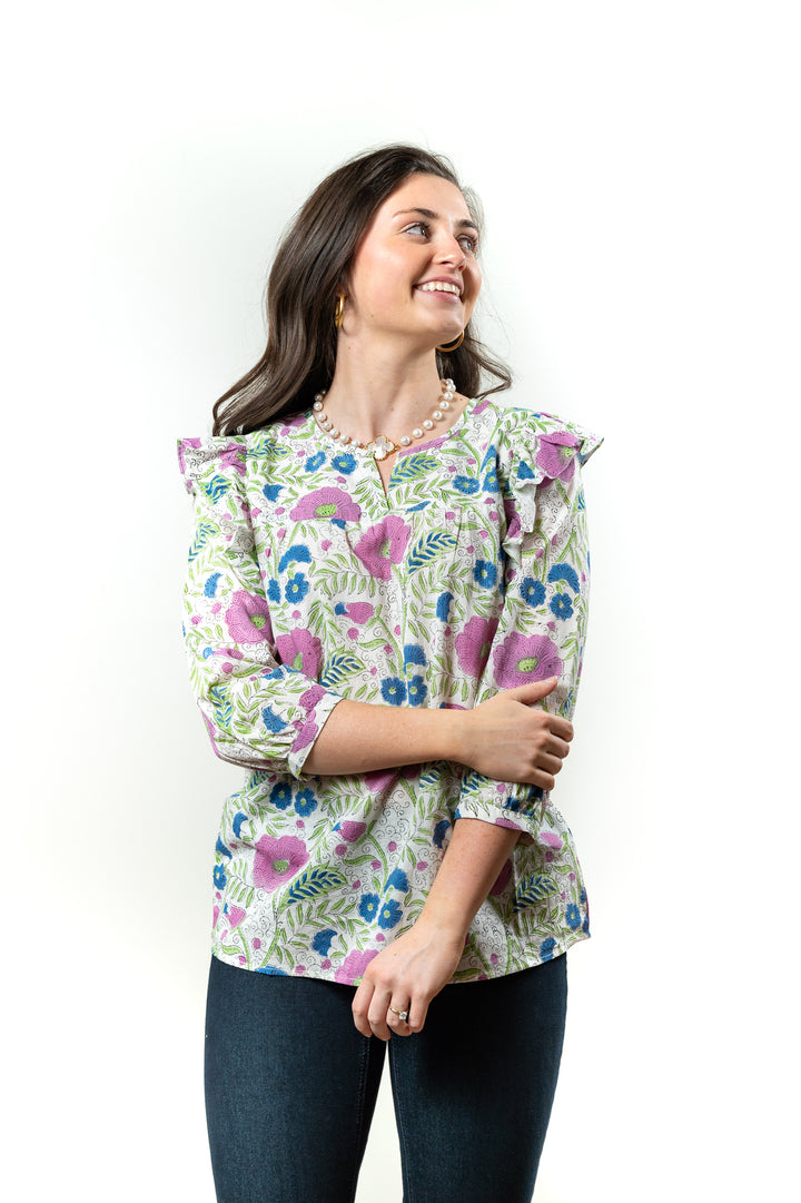 The Whitley Flutter Sleeve Top in Floral Hand Block Print — view 3