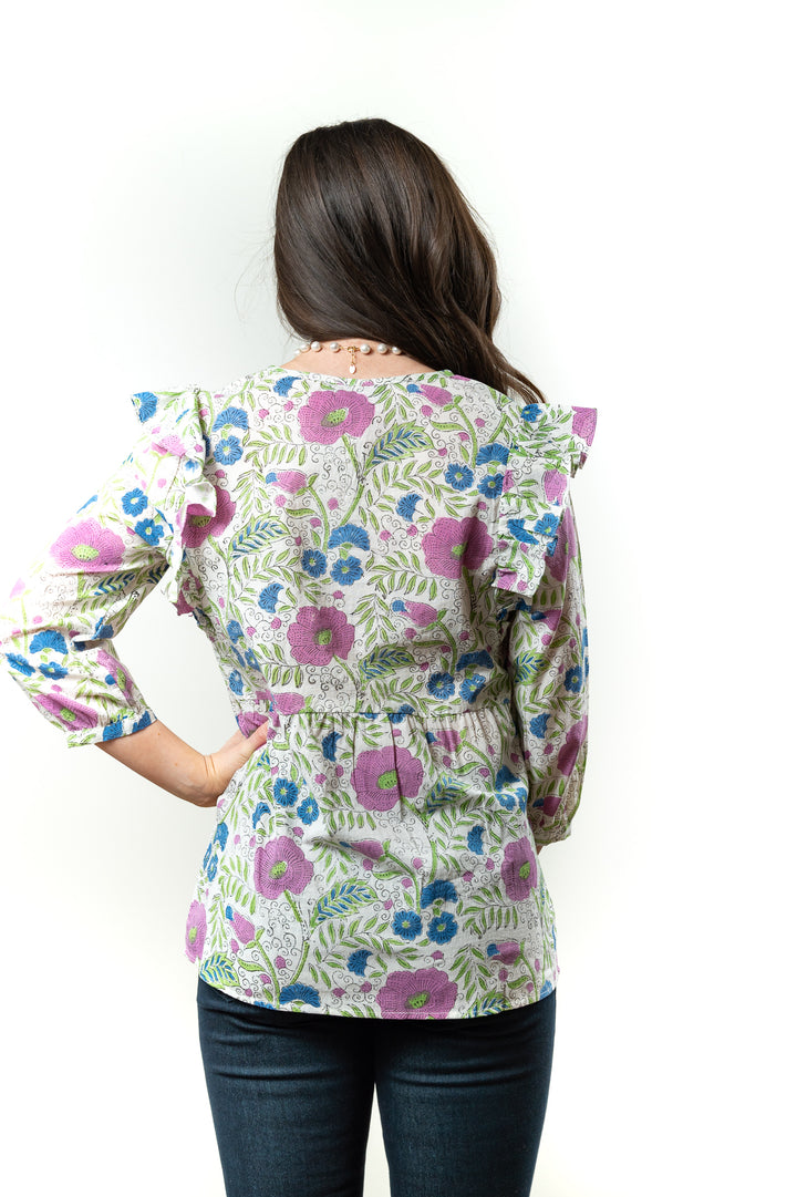 The Whitley Flutter Sleeve Top in Floral Hand Block Print — view 4