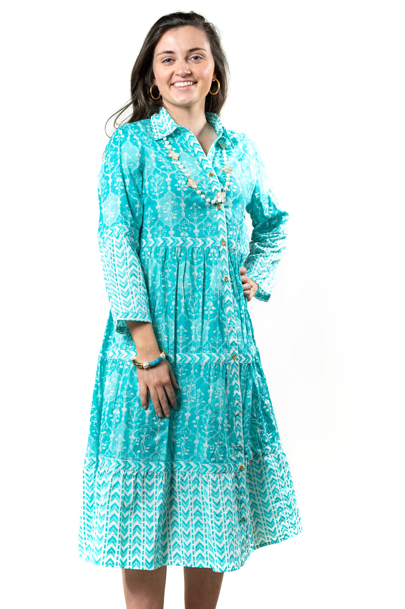 The Marilyn Long Length Button Front Dress in Teal Green – Liza Byrd