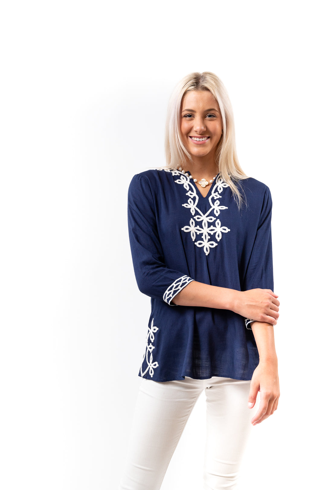 The Brie Scroll Embroidery Tunic in Navy and White