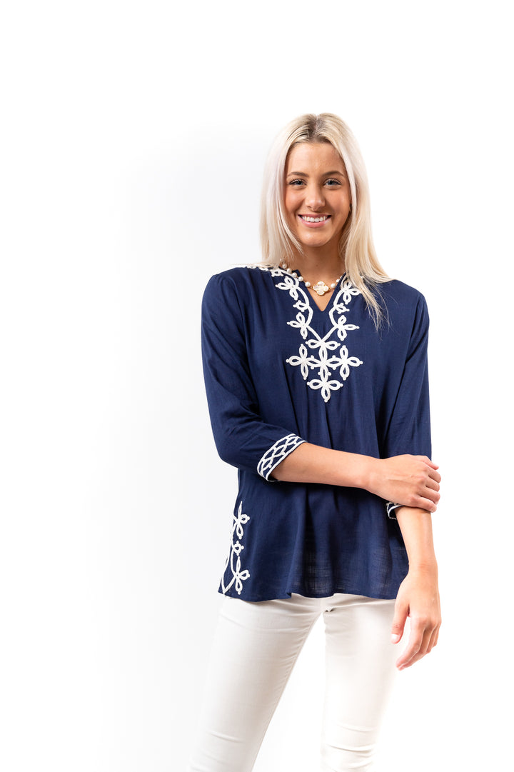 The Brie Scroll Embroidery Tunic in Navy and White