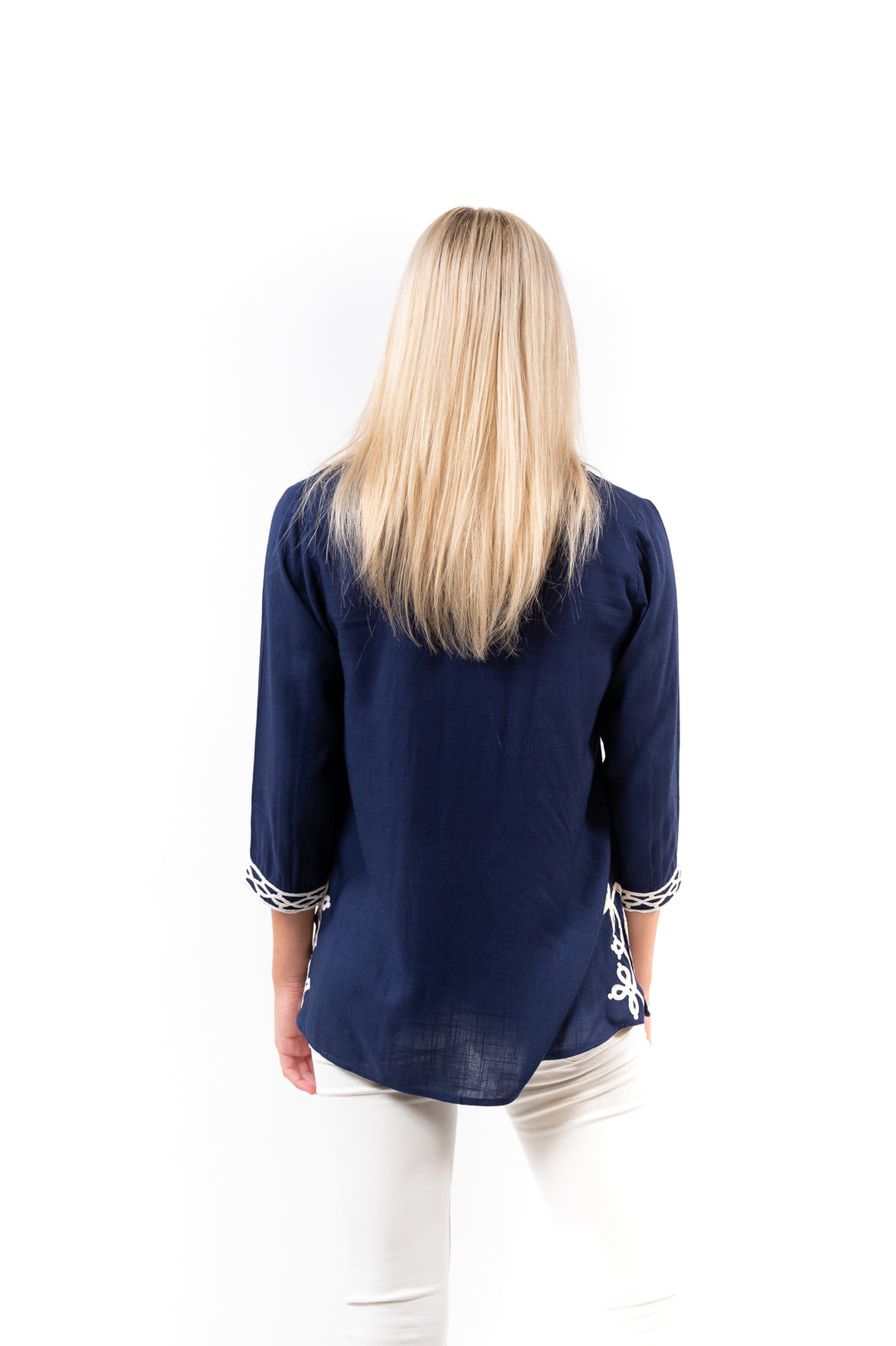 The Brie Scroll Embroidery Tunic in Navy and White — view 3