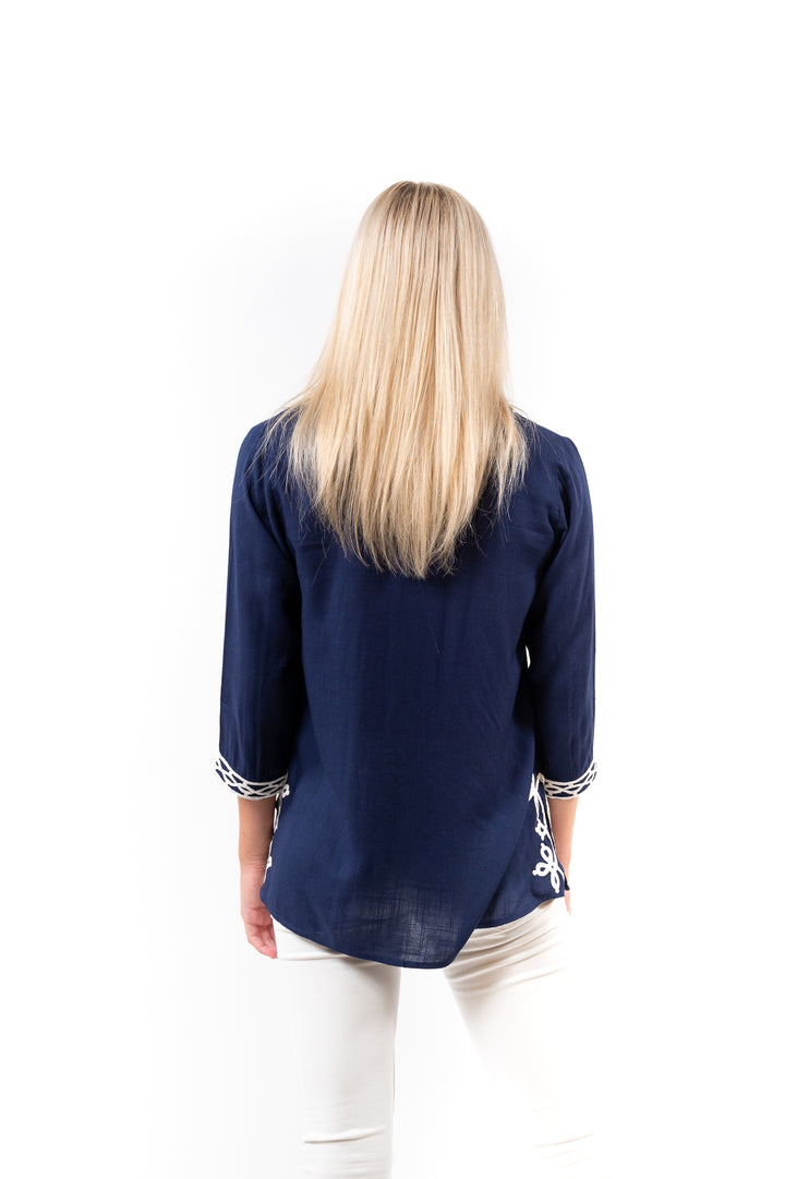 The Brie Scroll Embroidery Tunic in Navy and White — view 3
