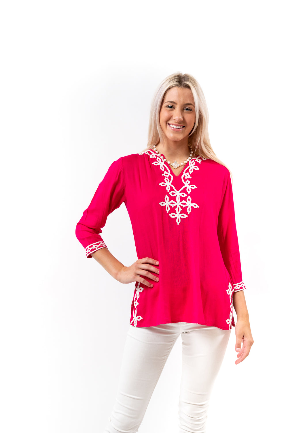 The Brie Scroll Trim Tunic in Peony Pink and White — view 2