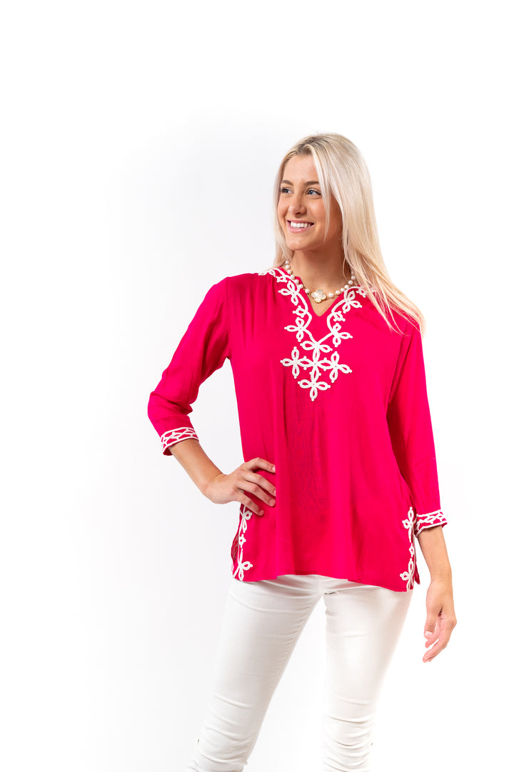 The Brie Scroll Trim Tunic in Peony Pink and White — view 3