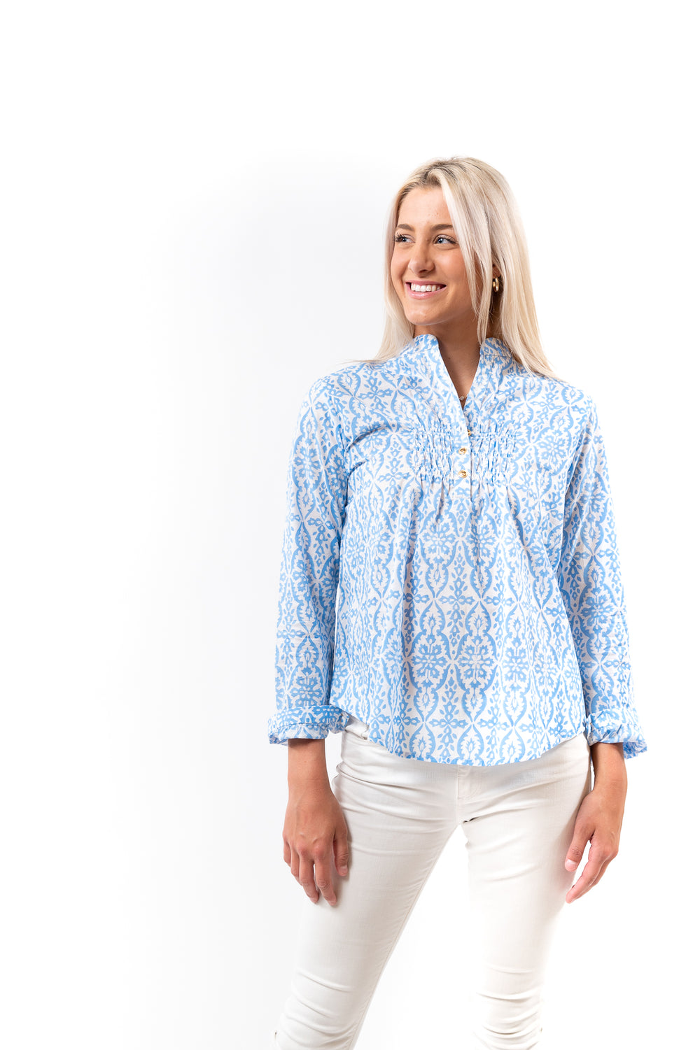 The Avery Top in Blue and White Cotton — view 2