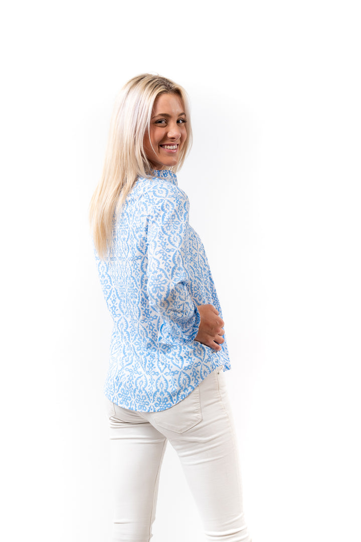 The Avery Top in Blue and White Cotton — view 3