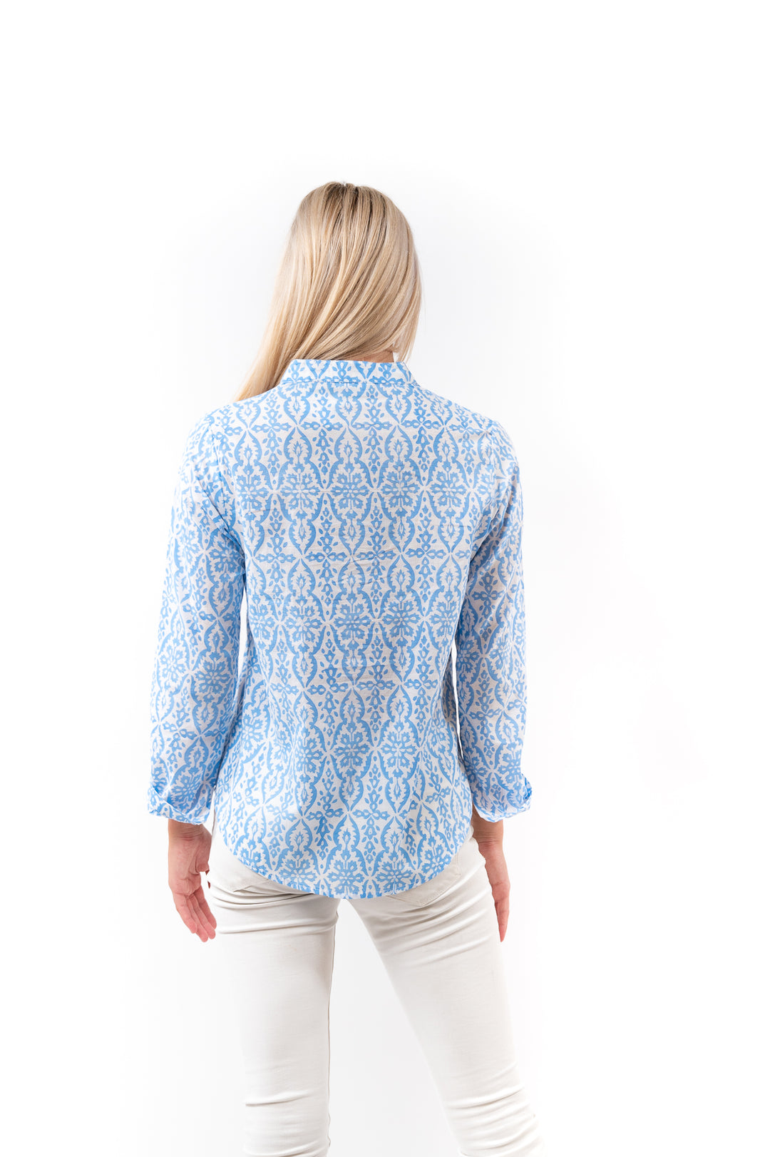 The Avery Top in Blue and White Cotton — view 4