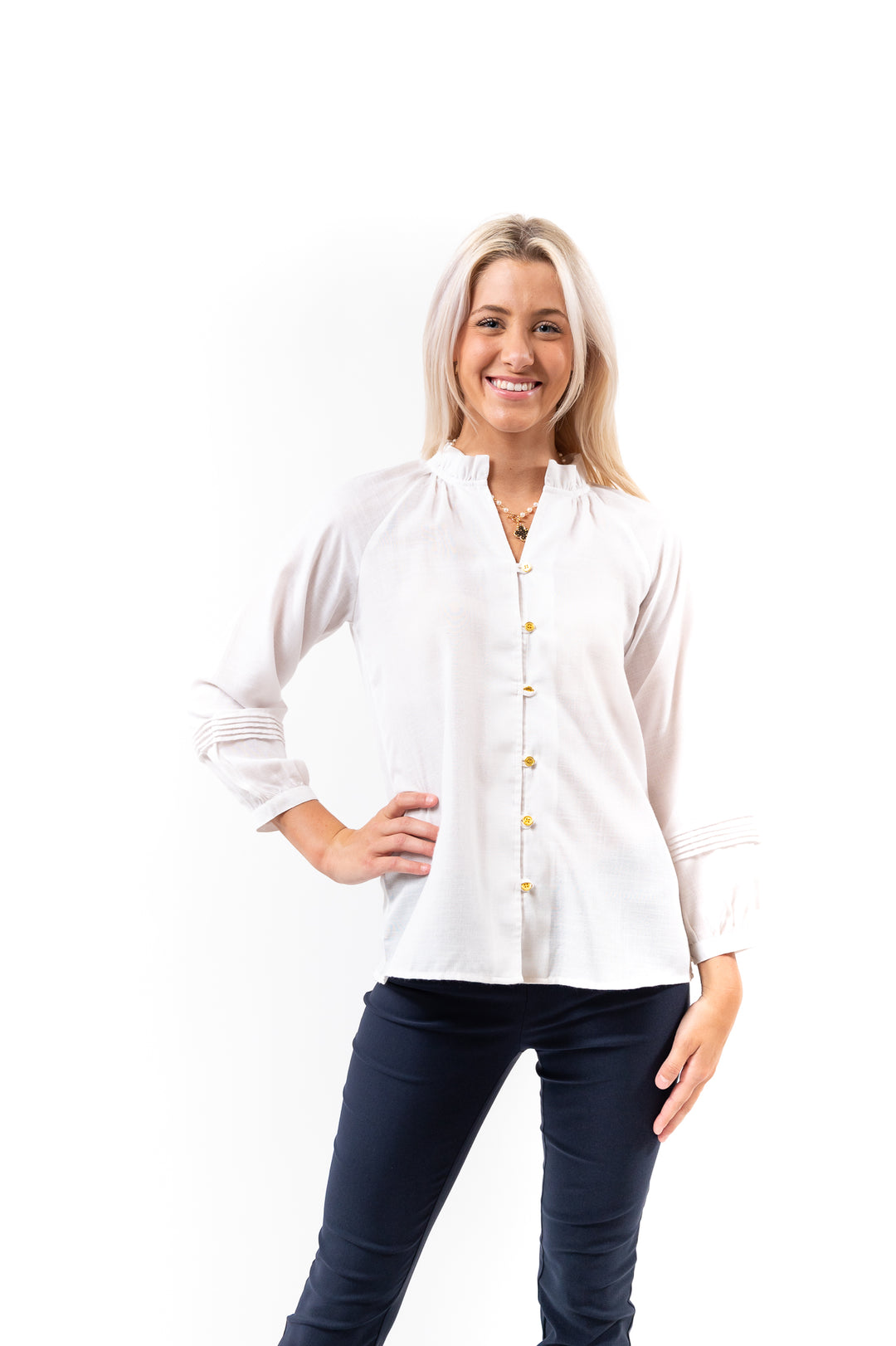 The Clayton Button Front Top in White