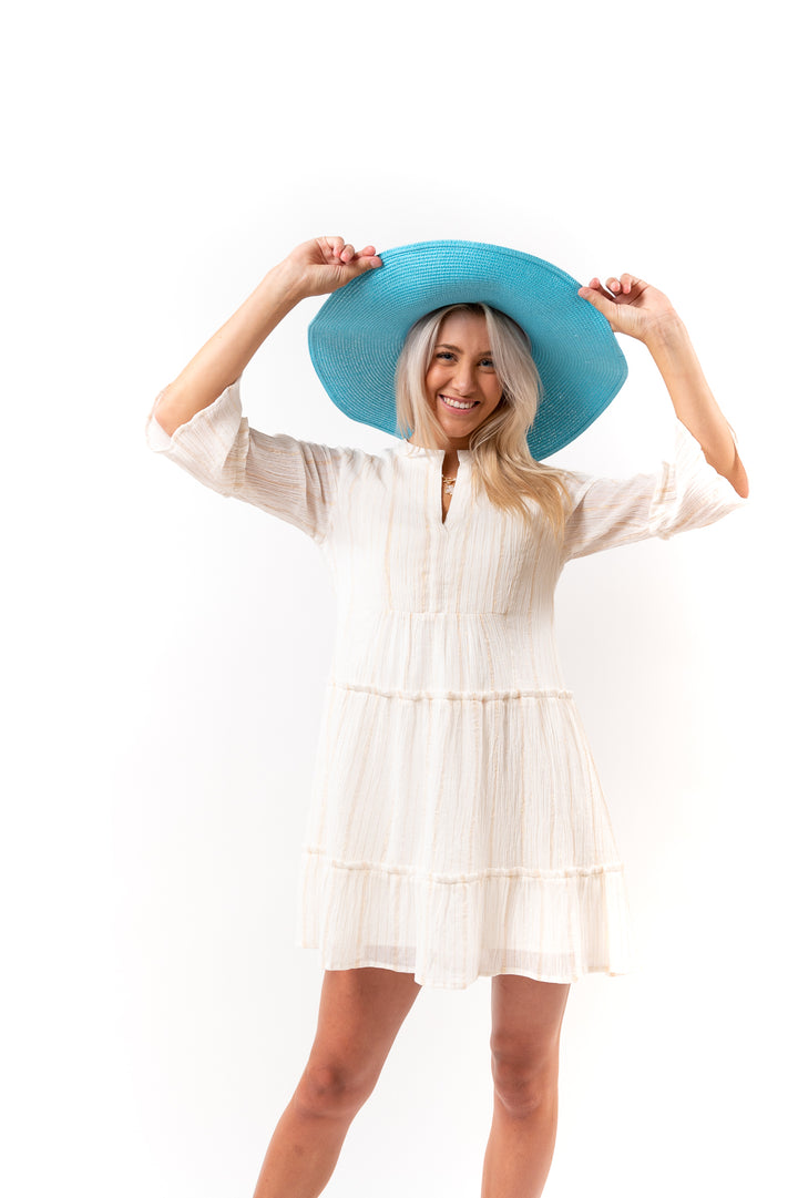 The Makayla White and Gold Cotton Gauze Tiered Dress — view 3