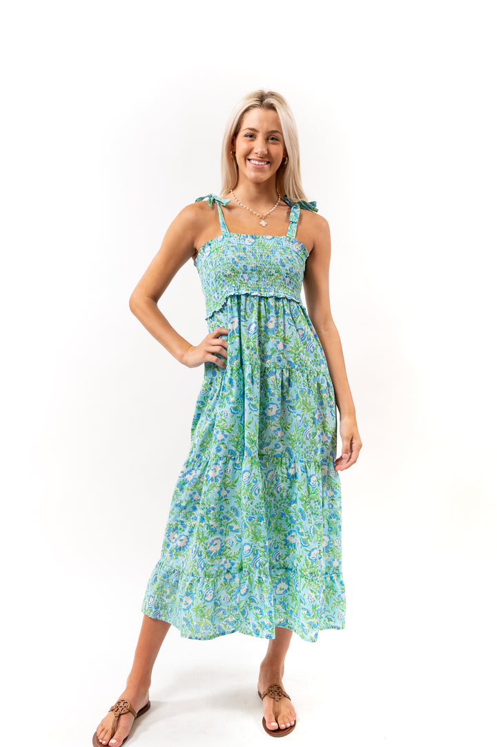 The Rebecca Smocked Tie Shoulder Dress in Turquoise Floral Block Print