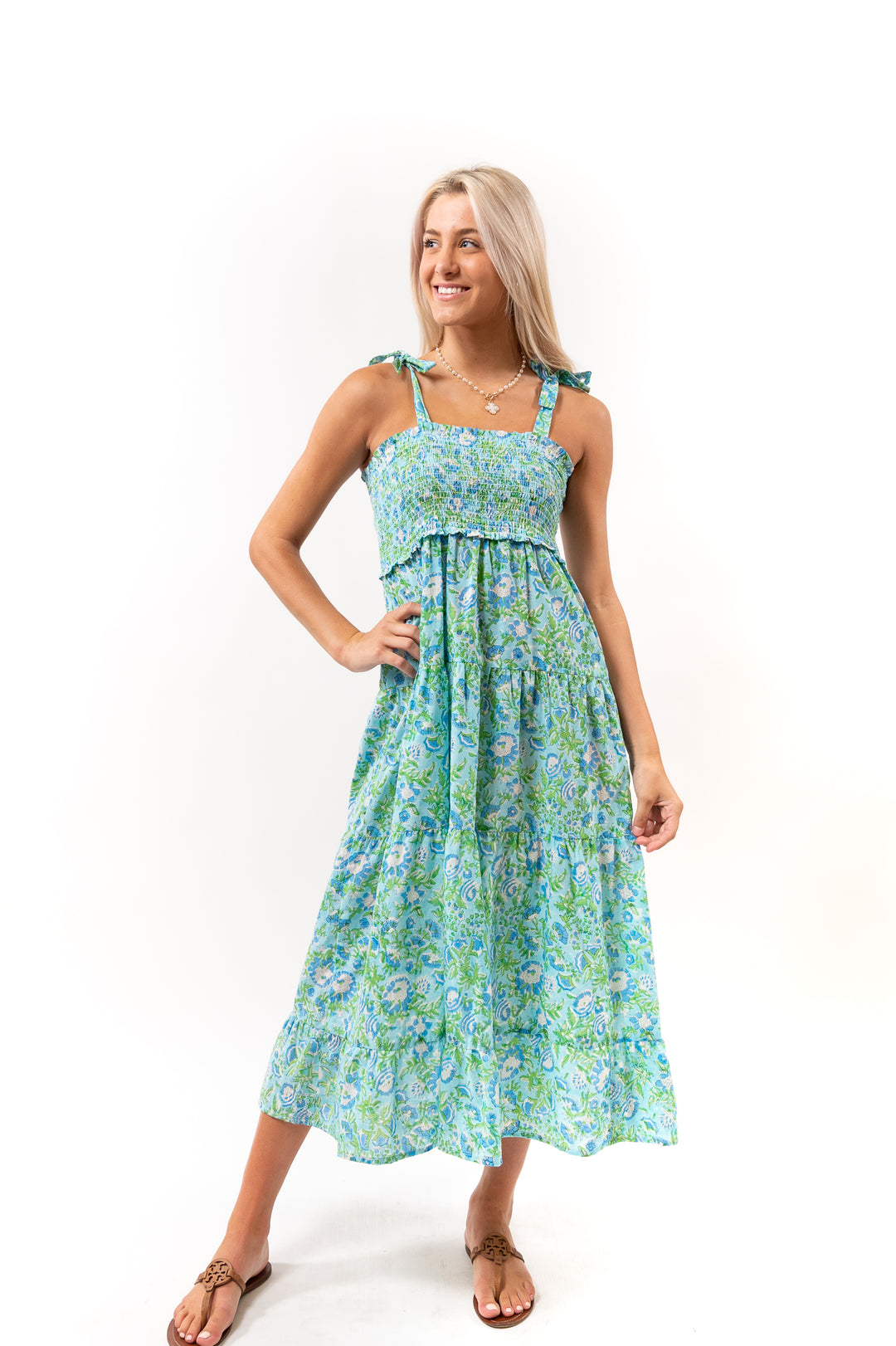 The Rebecca Smocked Tie Shoulder Dress in Turquoise Floral Block Print — view 2