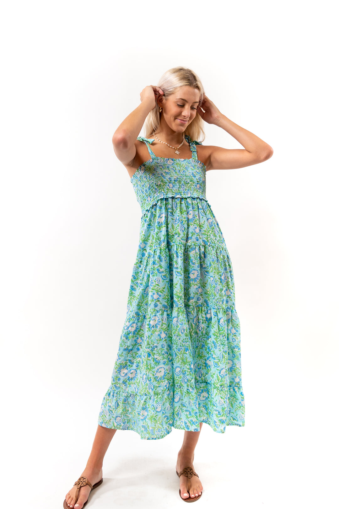 The Rebecca Smocked Tie Shoulder Dress in Turquoise Floral Block Print — view 3