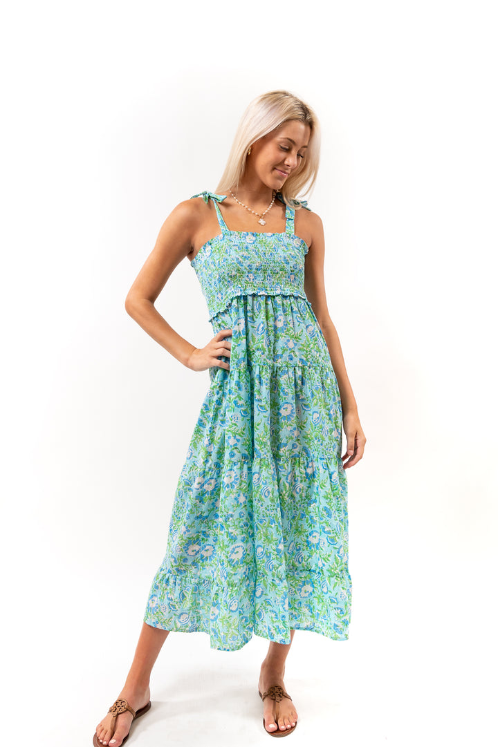 The Rebecca Smocked Tie Shoulder Dress in Turquoise Floral Block Print — view 4