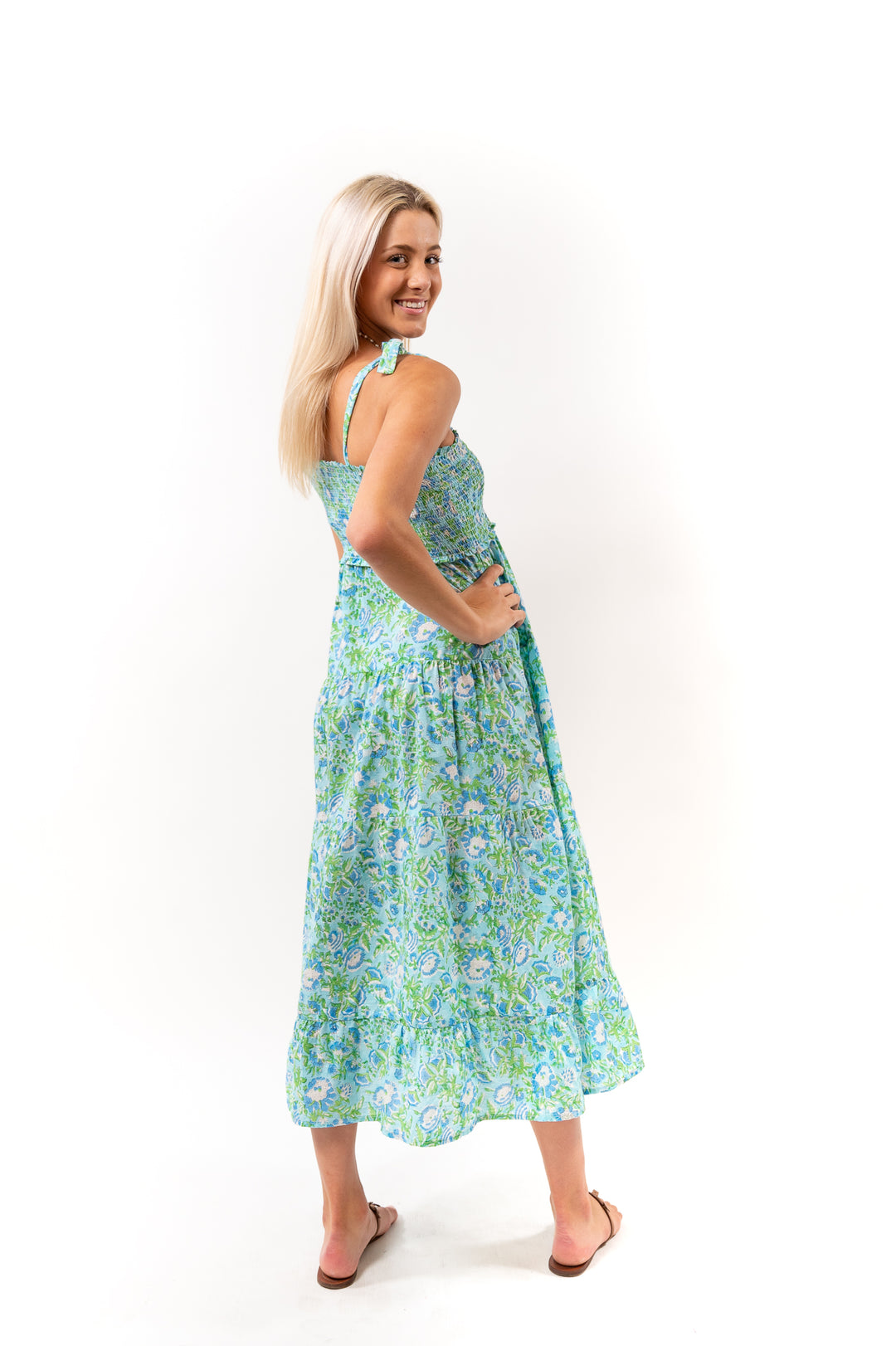 The Rebecca Smocked Tie Shoulder Dress in Turquoise Floral Block Print — view 5