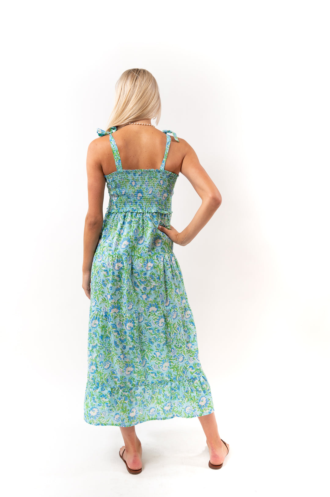 The Rebecca Smocked Tie Shoulder Dress in Turquoise Floral Block Print — view 6