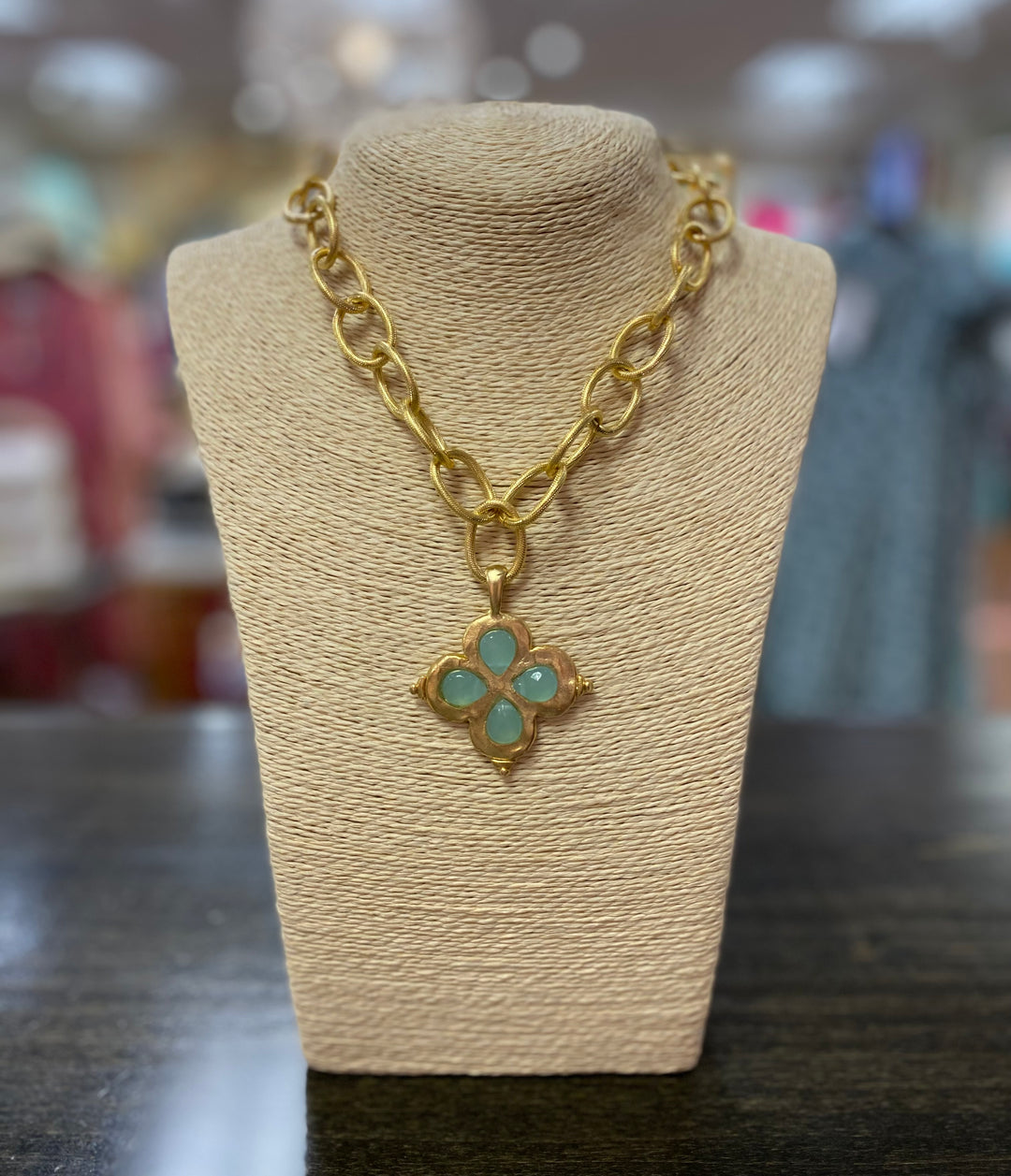 Hand Cast Turquoise Clover Gold Necklace