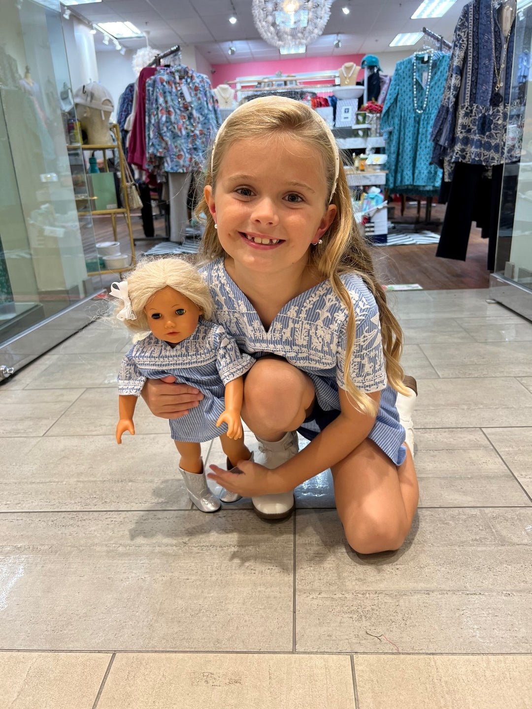The Aubrey Embroidered Blue and White Cotton Dress For Girls — view 3