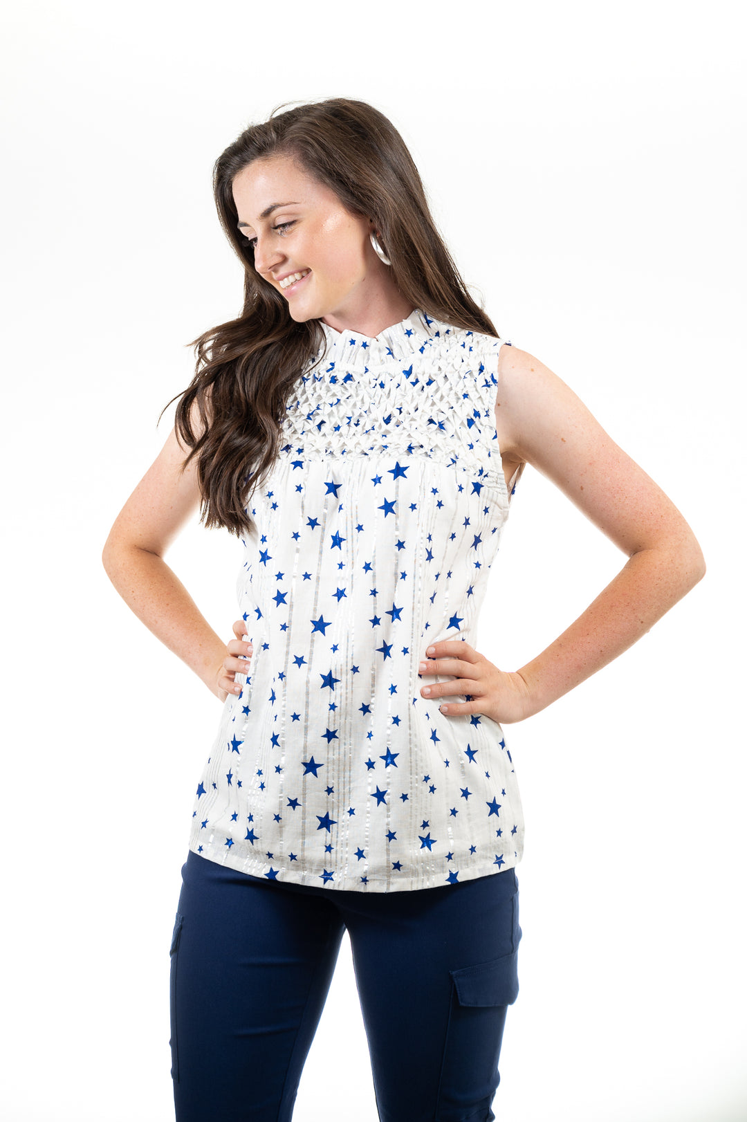 The Star-Struck Sleeveless Vineyard Top in White and Blue — view 2