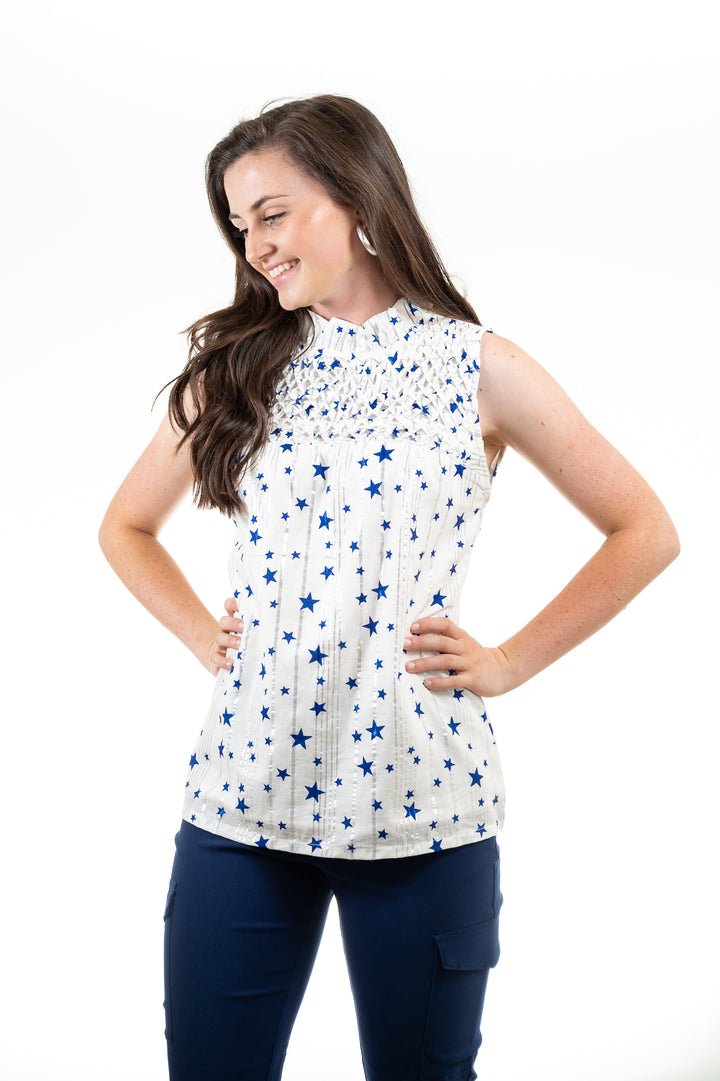 The Star-Struck Sleeveless Vineyard Top in White and Blue — view 2