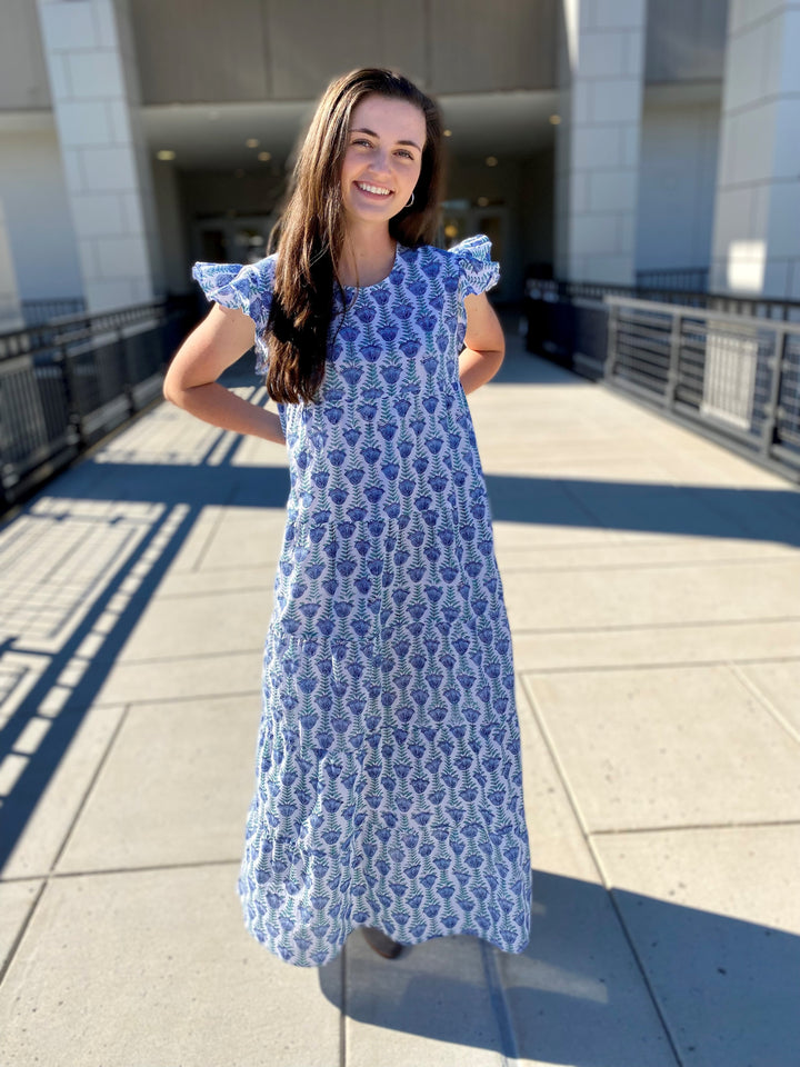 The Kristina Maxi Length Dress in Blue and Green Hand Block Print