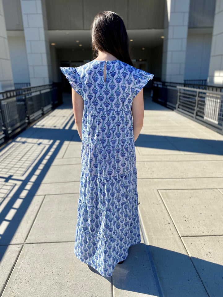 The Kristina Maxi Length Dress in Blue and Green Hand Block Print — view 2
