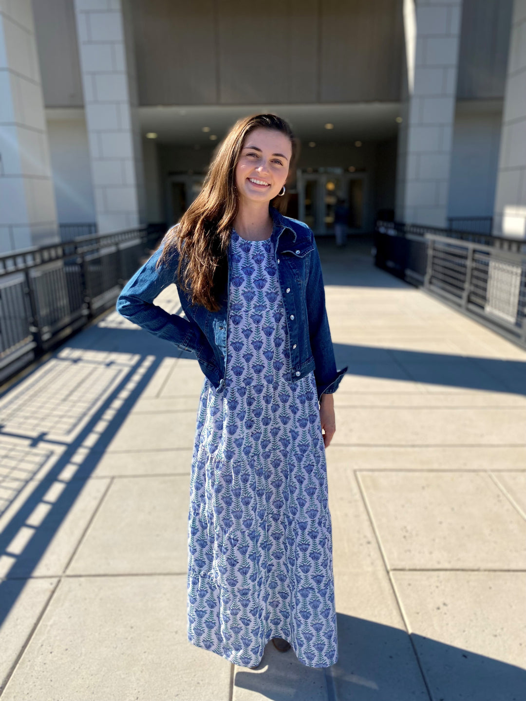 The Kristina Maxi Length Dress in Blue and Green Hand Block Print — view 3