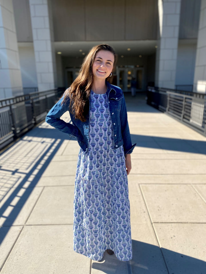 The Kristina Maxi Length Dress in Blue and Green Hand Block Print — view 3