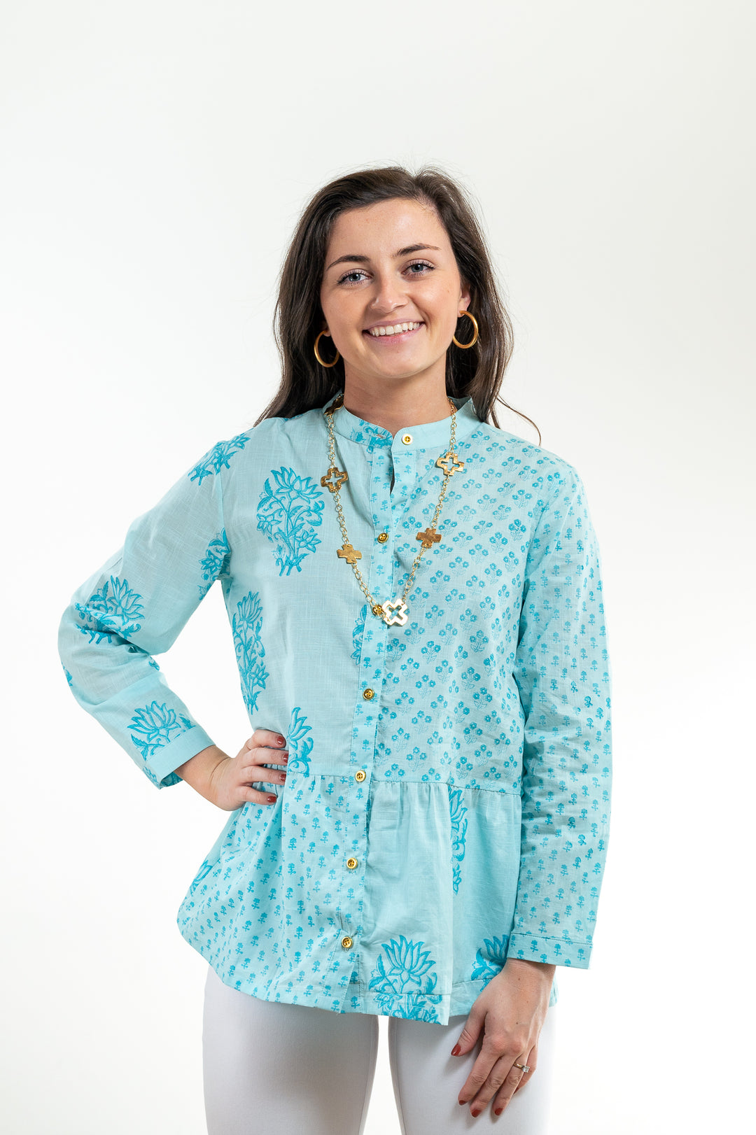 The Wyatt Button Front Block Print Top in Turquoise — view 6