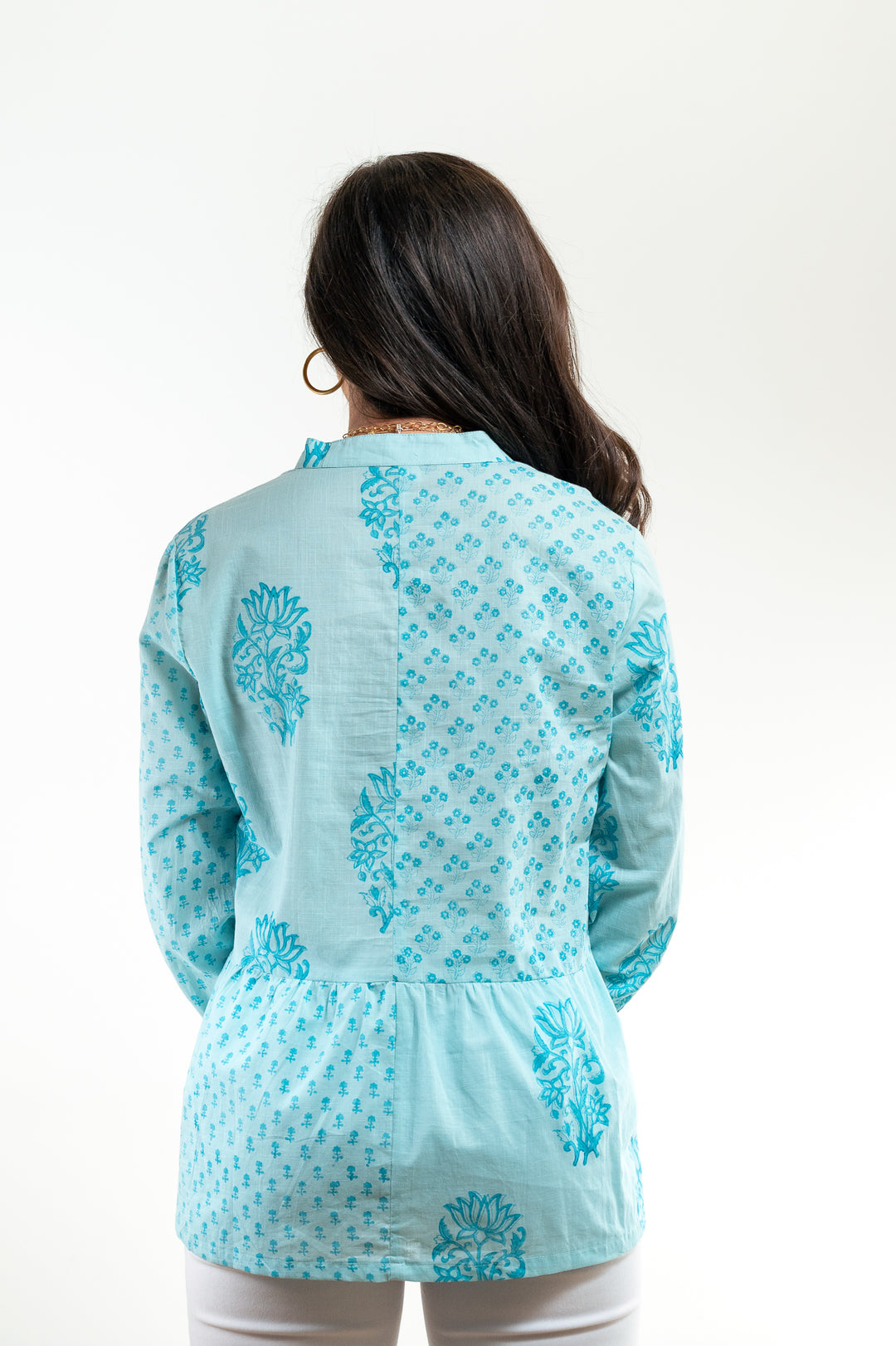 The Wyatt Button Front Block Print Top in Turquoise — view 5