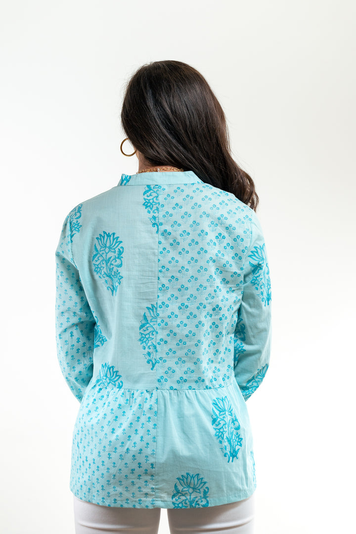 The Wyatt Button Front Block Print Top in Turquoise — view 5