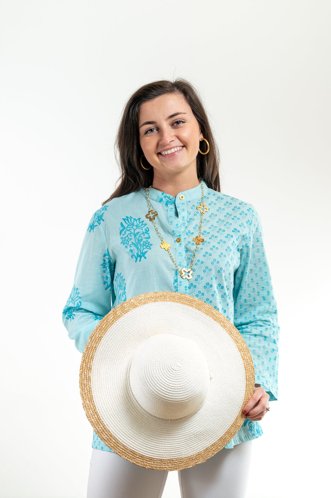 The Wyatt Button Front Block Print Top in Turquoise