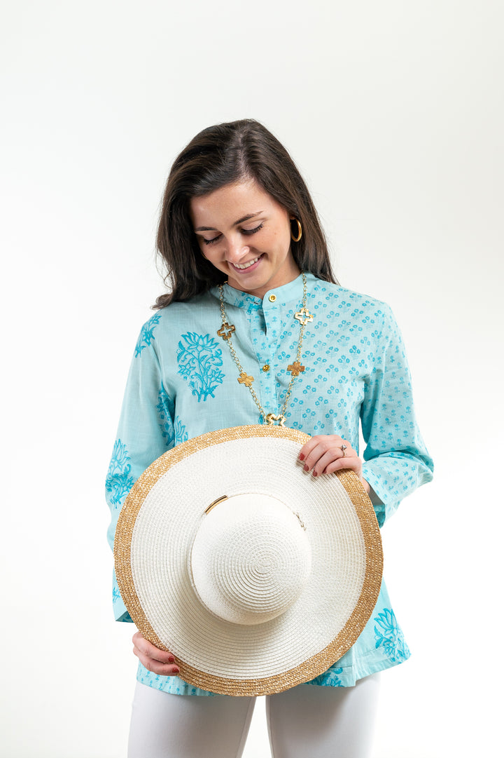 The Wyatt Button Front Block Print Top in Turquoise — view 4
