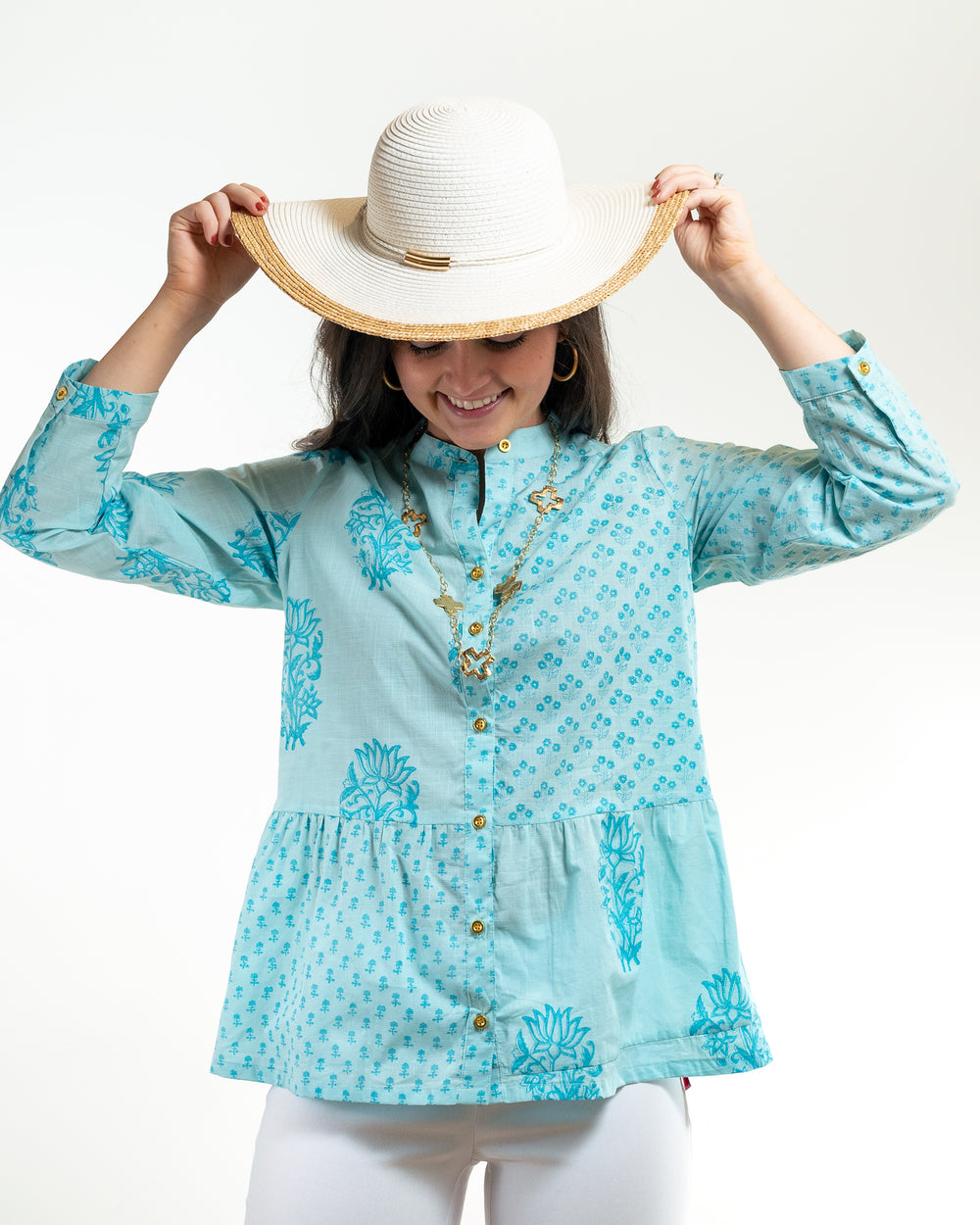 The Wyatt Button Front Block Print Top in Turquoise — view 2