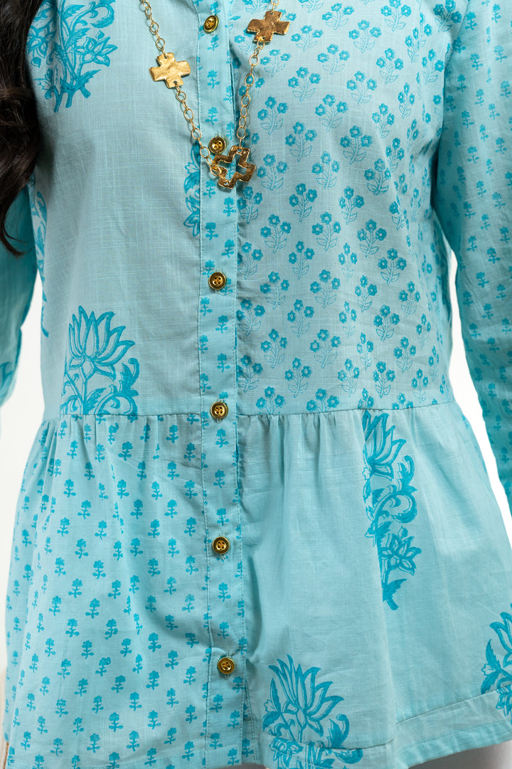 The Wyatt Button Front Block Print Top in Turquoise — view 3