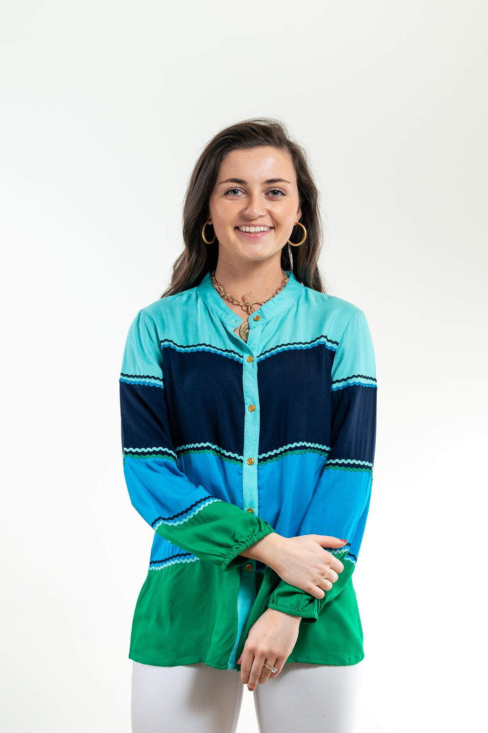 The Ralston Color Block Top in Shades of Green and Blue — view 2