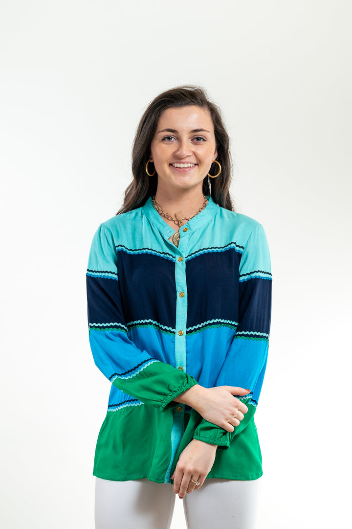 The Ralston Color Block Top in Shades of Green and Blue — view 2