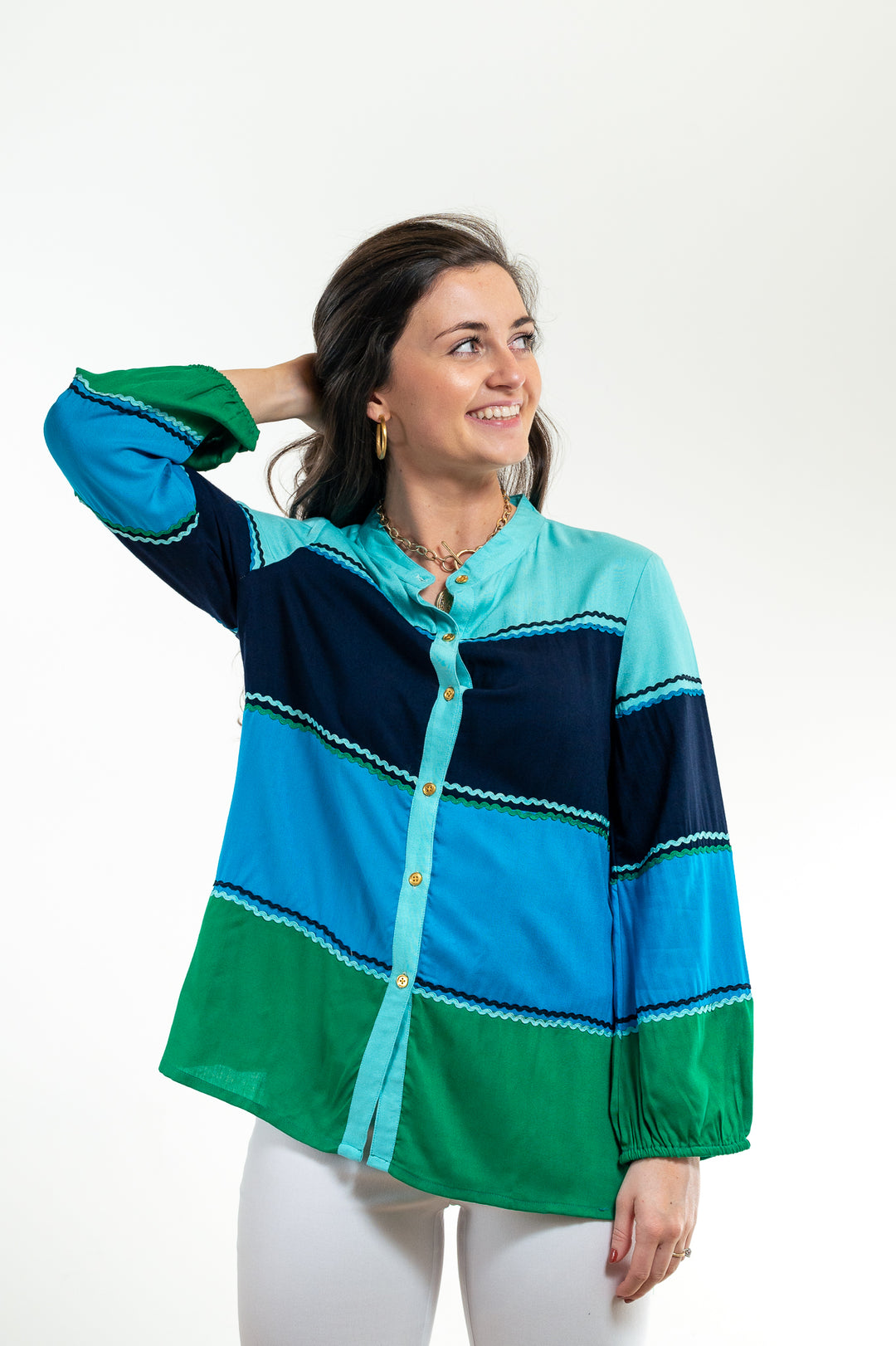 The Ralston Color Block Top in Shades of Green and Blue — view 3