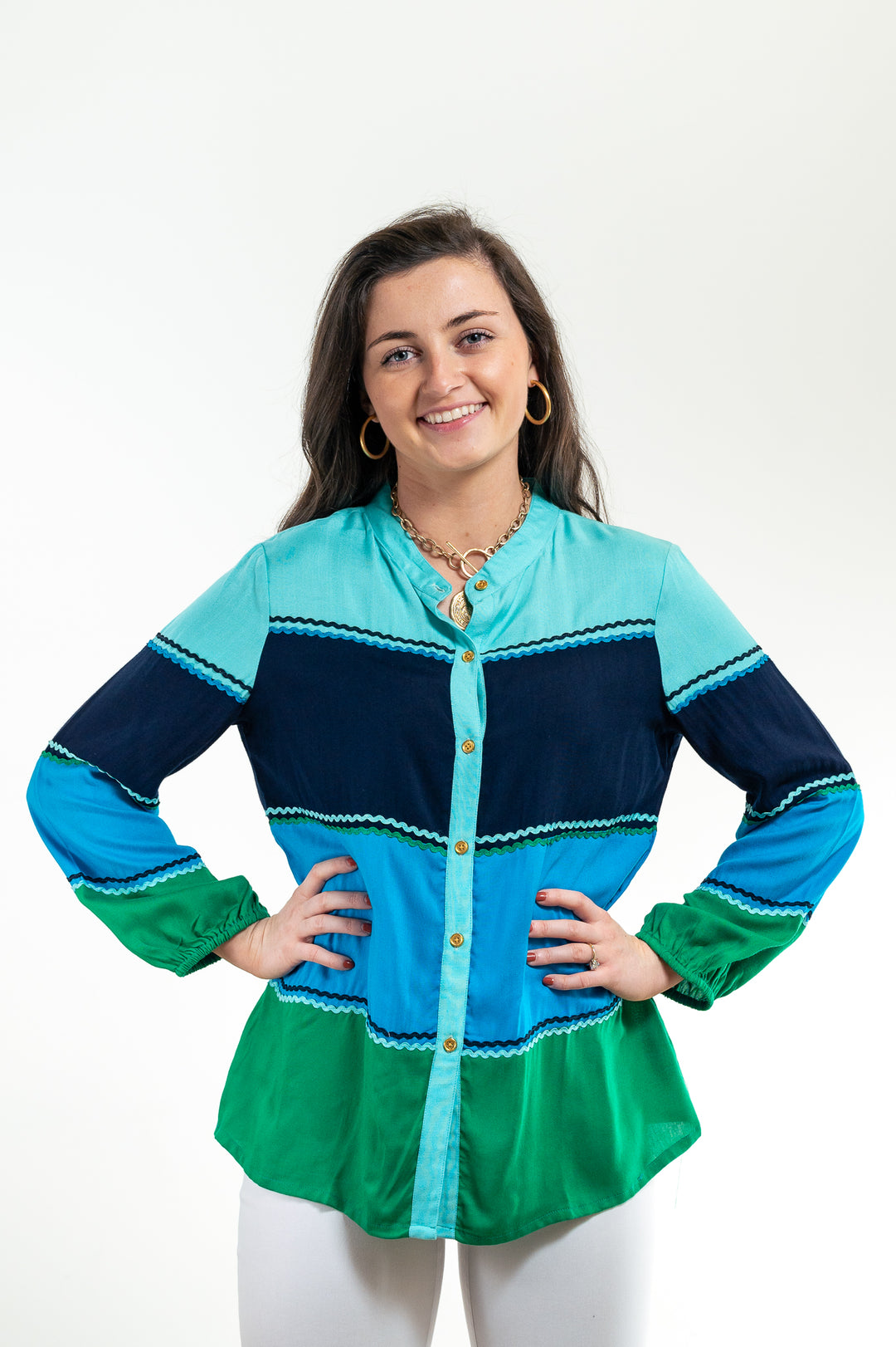 The Ralston Color Block Top in Shades of Green and Blue