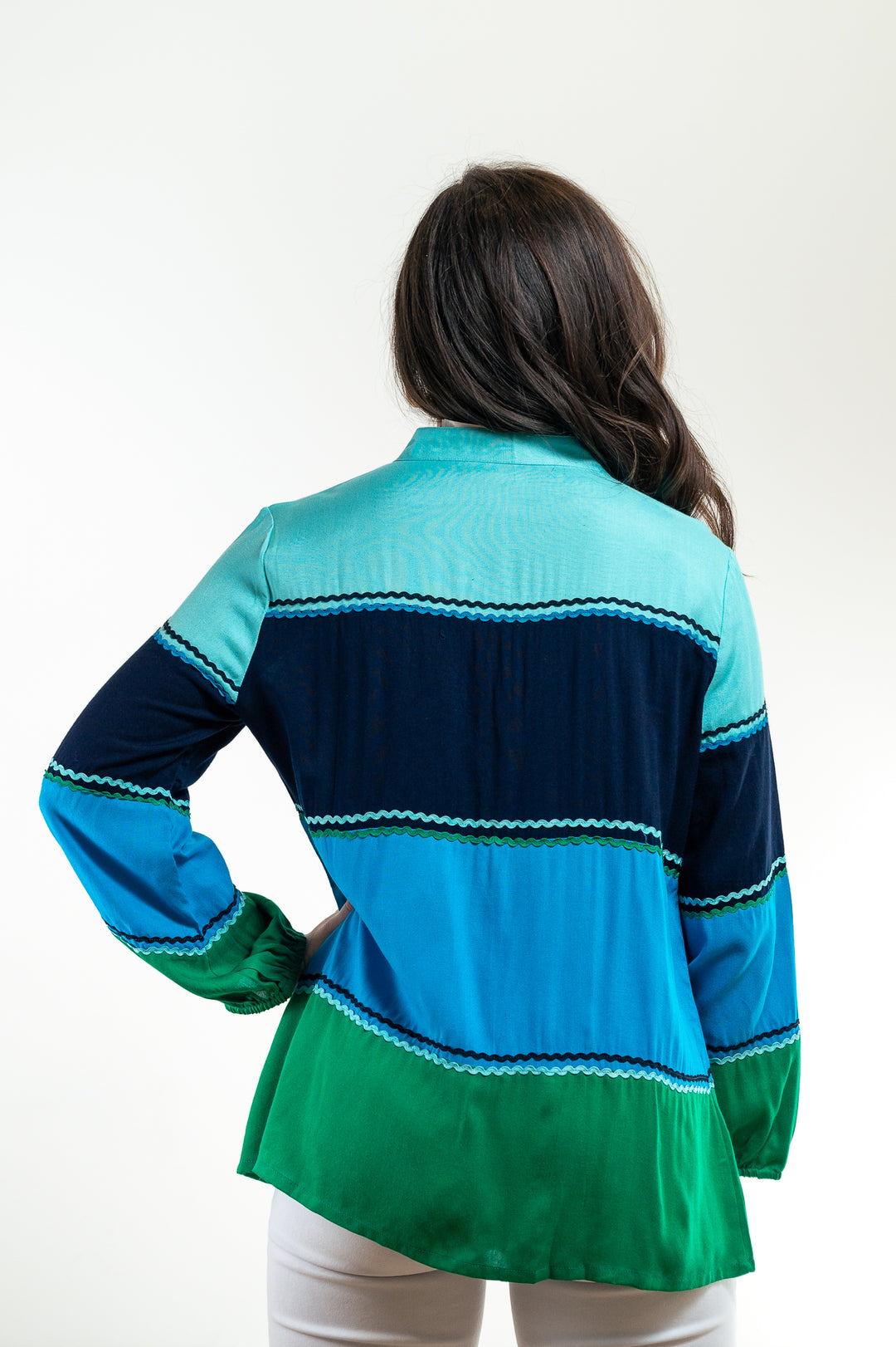 The Ralston Color Block Top in Shades of Green and Blue — view 4