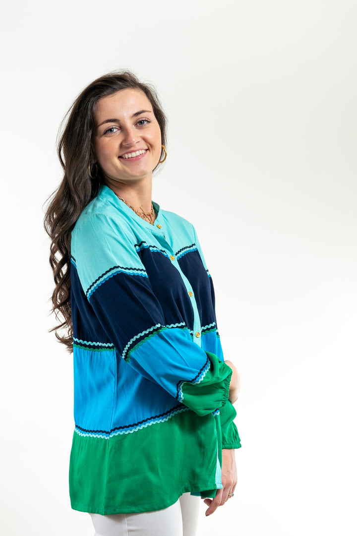 The Ralston Color Block Top in Shades of Green and Blue — view 5