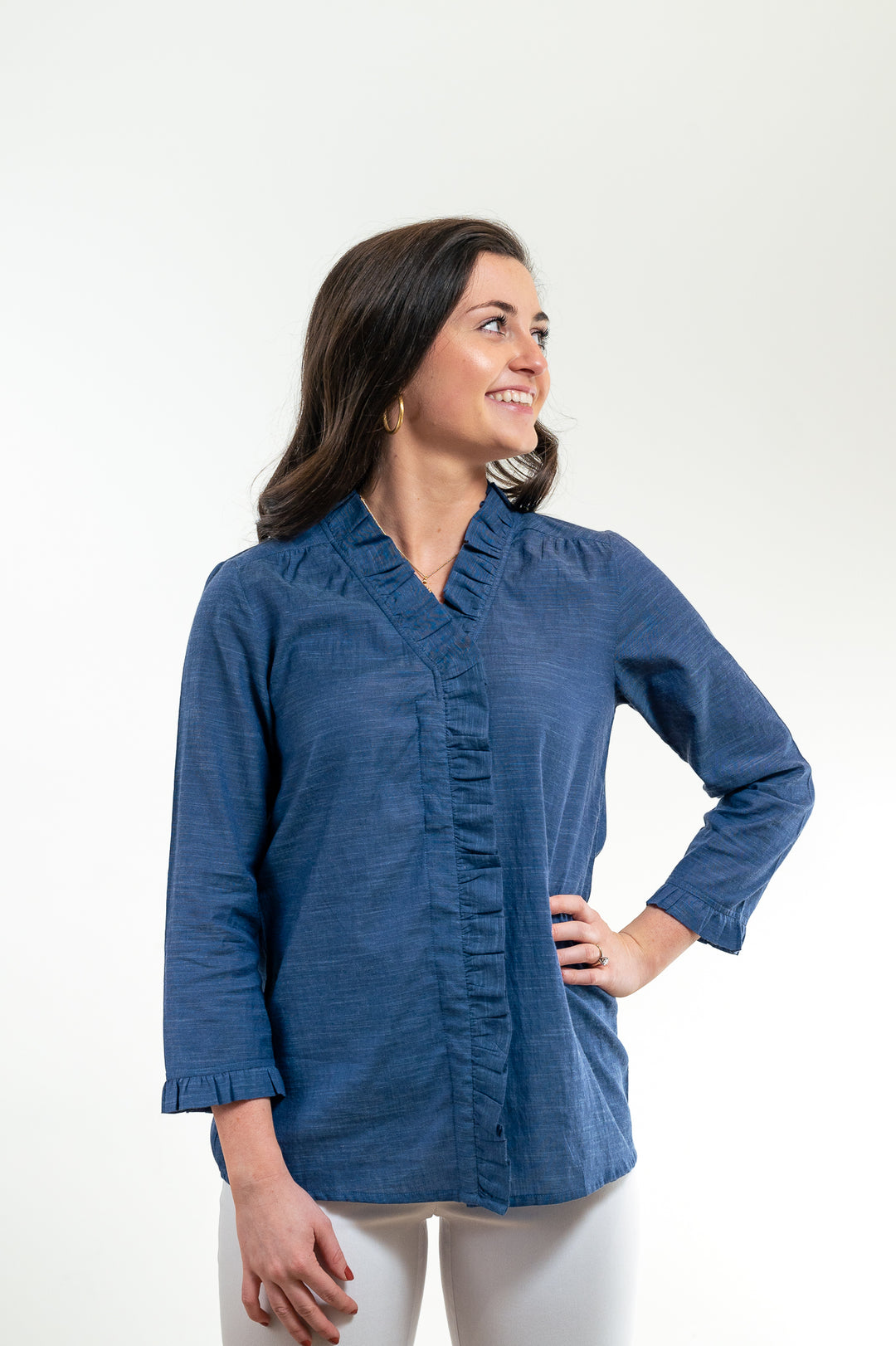 The Bessie Ruffle Front Blouse in Deep Chambray Blue — view 4