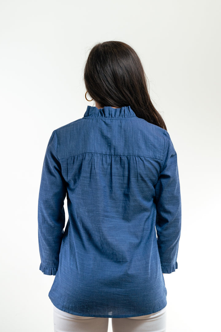 The Bessie Ruffle Front Blouse in Deep Chambray Blue — view 3